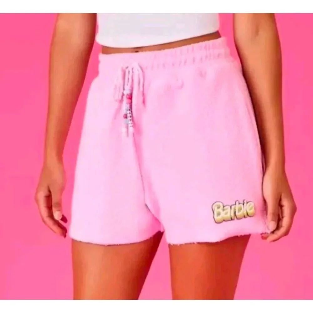 Forever 21 X Barbie pink terry cotton shorts beaded drawstring womens S